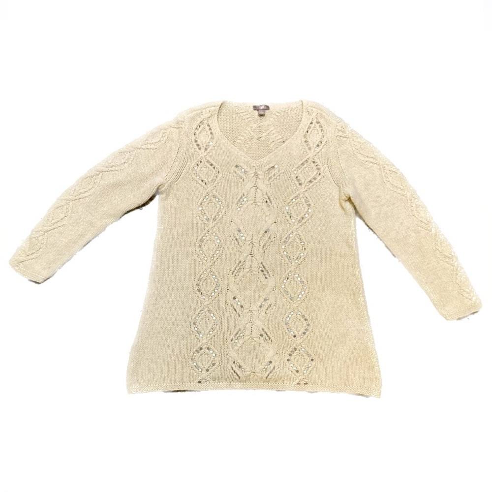 C01 J Jill Womens Sweater Cream Beige Crochet Argyle Long Sleeve Sz Small